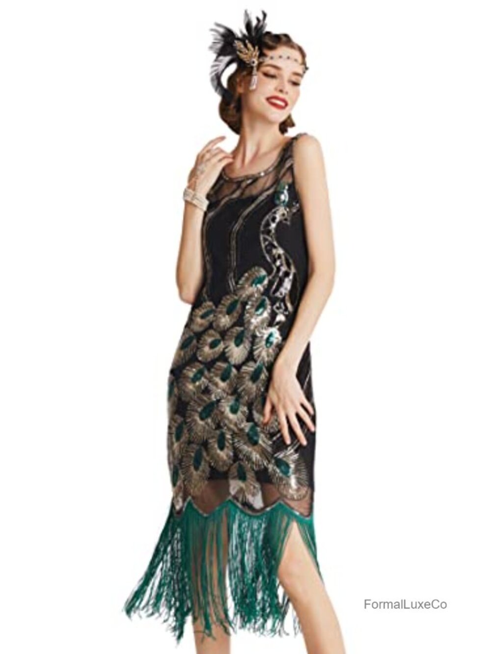 Vintage Peacock Sequin Fringed Flapper Party Dress Sleeveless Midi